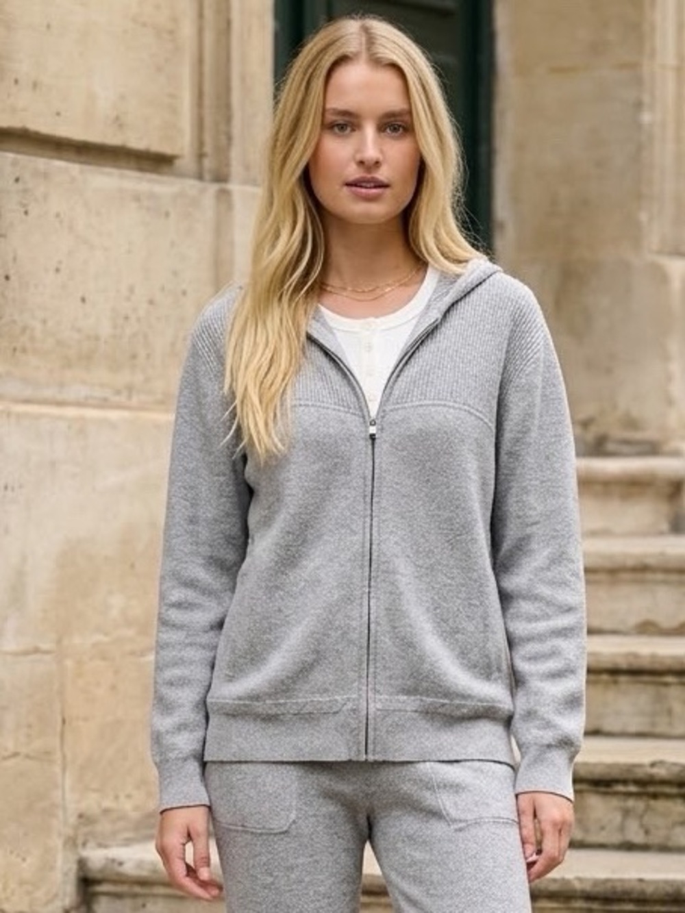 Banana Republic Gray 100% Cotton Knit Full Zip Hoodie Sweater Large